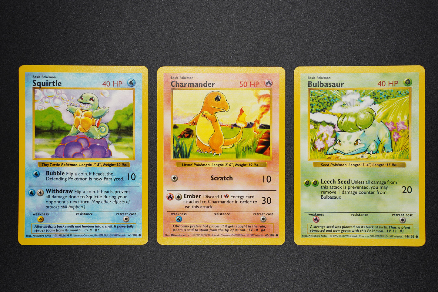 Base Set Shadowless- Squirtle, Charmander, and Bulbasaur